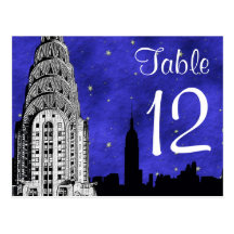 NYC Skyline-Silhouette Chry blaue Strry Tischnumme Postkarten