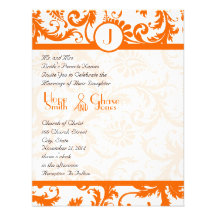 Orange Damast-Monogramm-Hochzeits-Einladung