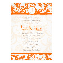 Orange Damast-Monogramm-Hochzeits-Einladung