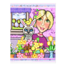 Ostern-Geschenk-Korb-Katze u. Dame Postcard Postkarte