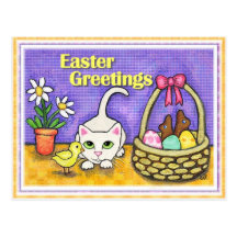 Ostern-Katze u. Küken-Postkarte