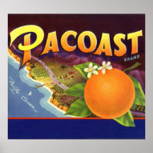 Pacoast Orangen, Vintage Frucht-Kisten-Aufkleber-K Plakatdruck