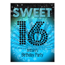 Party-blaues aquamarines Schwarzes 16. Geburtstag- Personalisierte Einladung