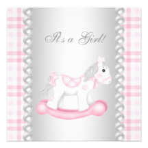 Perlen-rosa Gingham-Schaukelpferd-Baby-Dusche Ankündigungskarten