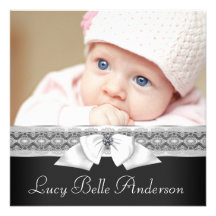 Perlen-Spitze-Schwarz-weiße Baby-Mädchen-Foto-Gebu Einladungen