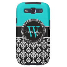 Personalisierter Anfangsaqua-Schwarz-Damast-Kasten Galaxy S3 Schutzhülle