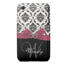 Personalisiertes Anfangs-, rosa, schwarzes Damast- iPhone 3 Cover