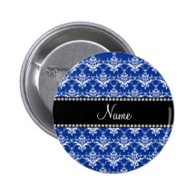 Personalized name blue and white damask pins