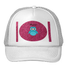 Personalized name blue owl pink glitter mesh hats