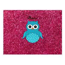 Personalized name blue owl pink glitter postcard