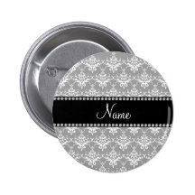 Personalized name grey white damask pinback button