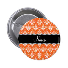 Personalized name orange white damask pinback button