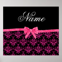 Personalized name pink glitter damask pink bow print