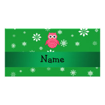 Personalized name pink owl green snowflakes photo greeting card