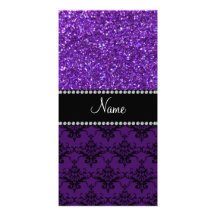 Personalized name purple glitter damask photo greeting card
