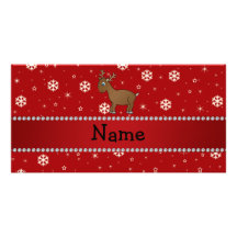 Personalized name reindeer red snowflakes stars customized photo card