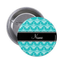 Personalized name turquoise white damask pinback buttons