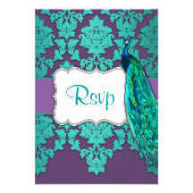 Pfau-Aqua u. lila Damast-Hochzeit UAWG Karten Ankündigungskarten