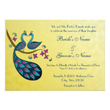 Pfau - Peahen Hochzeitseinladung, Senfgelb