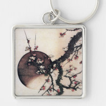 Pflaumen-Blüten und der Mond, Hokusai Schlüsselanhänger