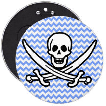 Pirate, Blue Chevron Jolly Roger Pinback Button