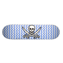 Pirate, Blue Chevron Jolly Roger Skateboard Deck