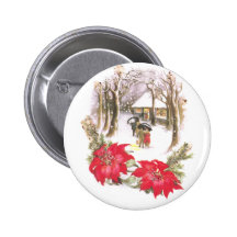 Poinsettias und Woodsy Szenen-Vintages Weihnachten Button