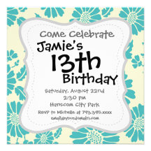 Pretty Teal Summer Flower Pattern Custom Invitations