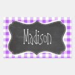 Purple Checkered Gingham; Vintage Chalkboard Rectangle Stickers