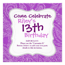 Purple Paisley Print Summer Fun Girly Pattern Custom Invitation