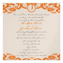 Quadratische orange Damast-Monogramm-Hochzeits-Ein