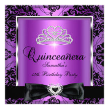 Quinceanera 15. Party-lila Damast-Silber-Schwarzes Personalisierte Ankündigungskarten