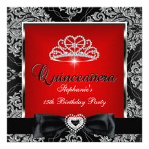 Quinceanera 15. Party-rotes Damast-Silber-Schwarze Personalisierte Ankündigungen