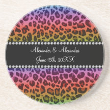 Rainbow leopard pattern wedding favors drink coaster