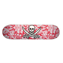 Red Damask Pattern Jolly Roger Skateboard Deck