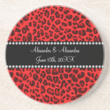 Red leopard pattern wedding favors drink coaster