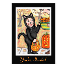 Retro schwarze Katzen-Halloween-Kostüm-Einladung