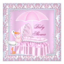 Rosa Babyparty-Mädchen-Regenschirm Bassinette Einladungskarten