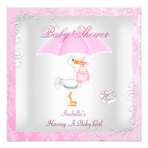 Rosa Babyparty-Mädchen-Regenschirm-Damast Personalisierte Einladungskarten