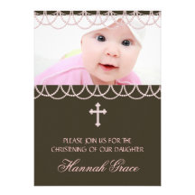 Rosa Brown-Perlen-Kreuz-Baby-Foto-Taufe Einladungen