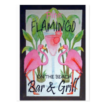 Rosa Flamingo-Bar u. Grill-Strand-Getränk-Thema Postkarten