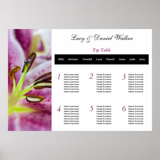 Rosa Lilly Hochzeits-Sitzplatz-Tabellen-Plan Posterdrucke