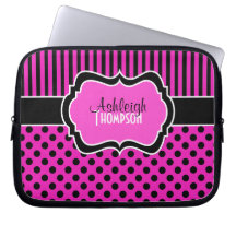 Rosa, schwarz, weiß, Tupfen-Streifen-Laptop-Hülse Computer Sleeve Schutzhüllen