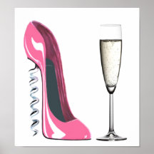 Rosa Stilett-Schuh- und Champagne-Glas Plakat