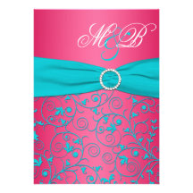 Rosa-und Aqua-Damast-mit Monogramm Einladung