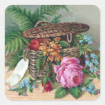 Rosen und Farne in Korb-Vintagem viktorianischem Quadrataufkleber
