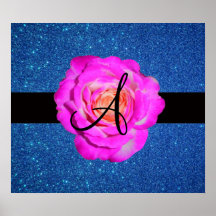 Rosenmonogramm-Blau-Glitter des heißen Rosas Plakate