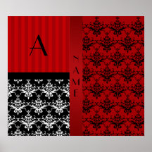 Rote Damaststreifen des Namens und des Monogramms Posterdruck