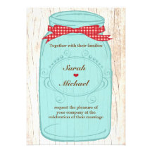 Rote Gingham-u. Minzen-Weckglas-Hochzeit Personalisierte Einladungskarten