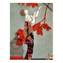 Rote Madame Art Deco Design Postkarten